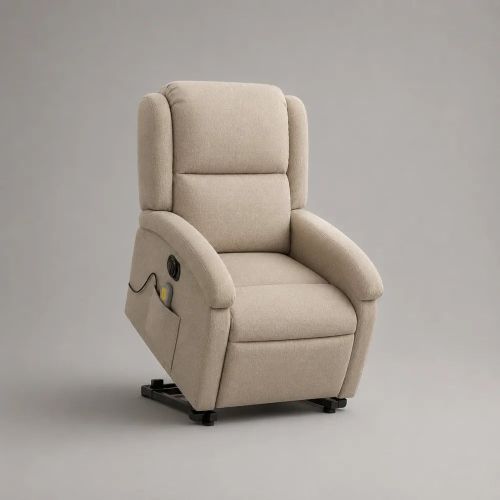 Poltrona relax elettrica alzapersona 78 cm x 88 cm x 108 cm con schienale alto imbottito in tessuto poliestere beige struttura in acciaio nero