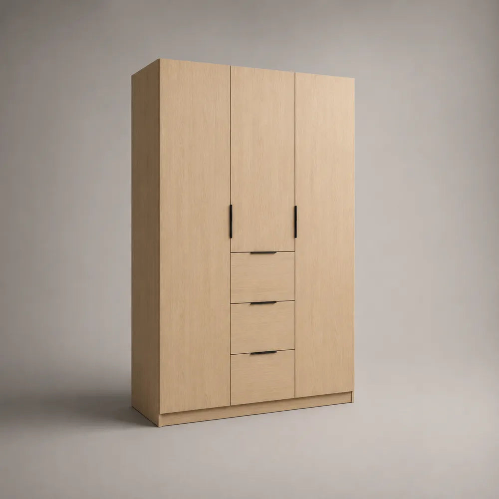 Armadio 180 x 60 x 220 cm in MDF effetto rovere chiaro con 3 ante battenti 3 cassetti centrali e maniglie nere struttura rettangolare