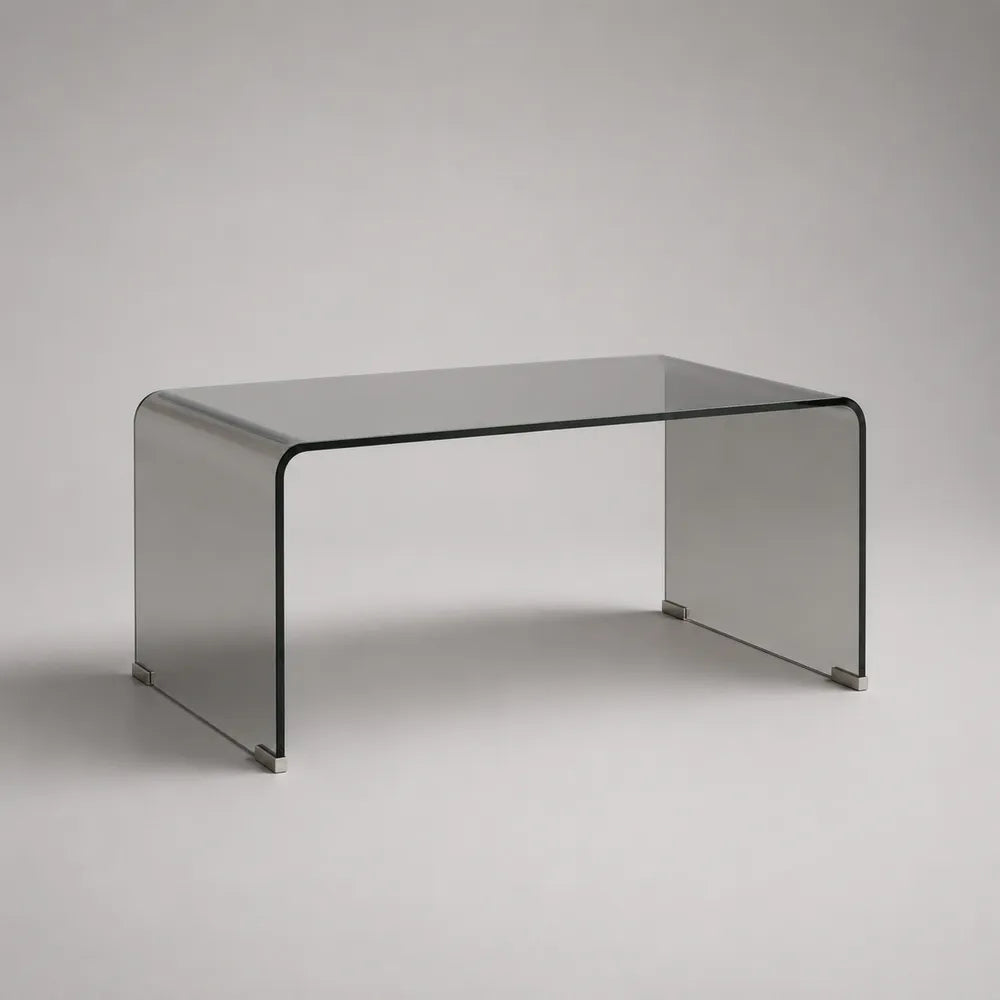 Tavolino da caffè rettangolare in vetro temperato curvato grigio fumé con supporti in acciaio 100 cm 55 cm 40 cm