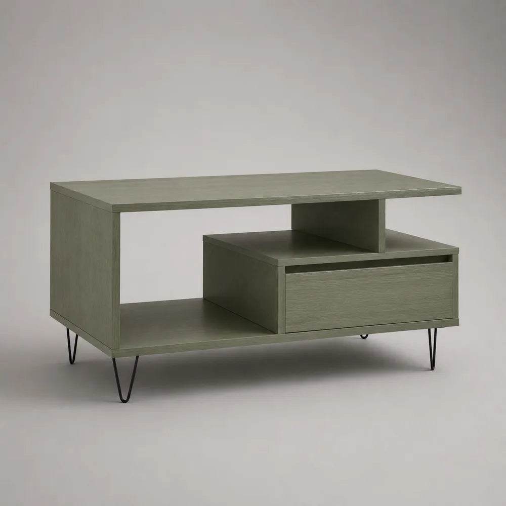 Tavolino da caffè 120 cm x 60 cm x 45 cm in pannelli MDF effetto verde grigio con cassetto e vano aperto gambe in metallo nero