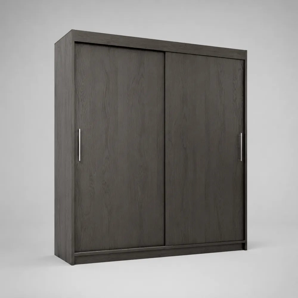 Armadio scorrevole 180 cm x 60 cm x 200 cm in MDF effetto rovere scuro con 2 ante scorrevoli e maniglie verticali in metallo struttura rettangolare