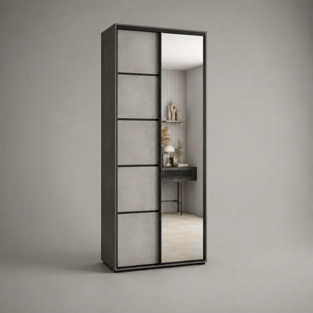 Armadio guardaroba 90 x 50 x 200 cm in MDF effetto cemento grigio con 2 ante scorrevoli specchio e struttura antracite