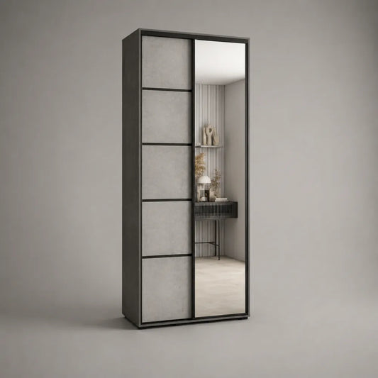 Armadio guardaroba 90 x 50 x 200 cm in MDF effetto cemento grigio con 2 ante scorrevoli specchio e struttura antracite