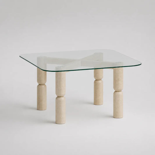 Tavolino da caffè quadrato 80 cm x 80 cm x 40 cm con piano in vetro temperato trasparente e gambe cilindriche in legno massello naturale