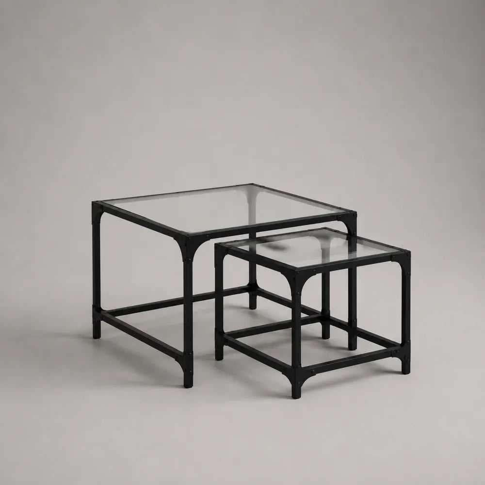 Set 2 tavolini da caffè rettangolari impilabili in vetro temperato trasparente con struttura in acciaio nero 80 cm 50 cm 45 cm e 60 cm 40 cm 40 cm