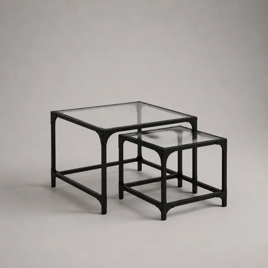 Set 2 tavolini da caffè rettangolari impilabili in vetro temperato trasparente con struttura in acciaio nero 80 cm 50 cm 45 cm e 60 cm 40 cm 40 cm