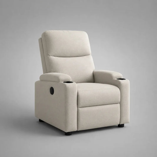 Poltrona relax reclinabile 80 cm x 90 cm x 105 cm con portabicchieri integrati in tessuto poliestere beige e struttura in acciaio nero
