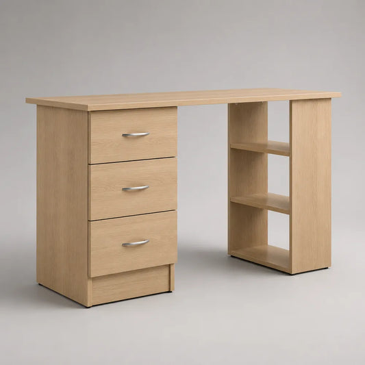 Scrivania per computer rettangolare con cassetti e scaffali laterali in pannello MDF effetto rovere chiaro struttura in legno ingegnerizzato colore rovere chiaro 120x50x75 cm