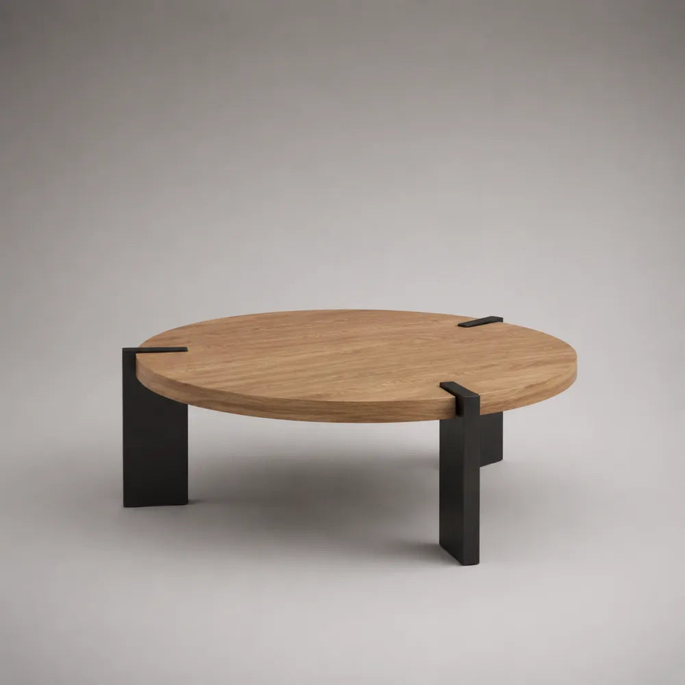Tavolino da caffè rotondo in pannello MDF effetto rovere naturale con struttura in acciaio nero 90 cm 90 cm 40 cm