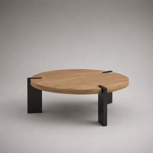 Tavolino da caffè rotondo in pannello MDF effetto rovere naturale con struttura in acciaio nero 90 cm 90 cm 40 cm