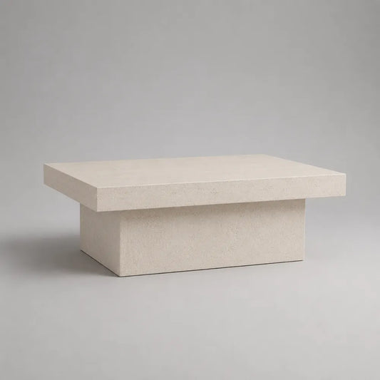 Tavolino da caffè rettangolare 120 cm x 70 cm x 35 cm in pannelli MDF effetto pietra beige con base centrale a blocco