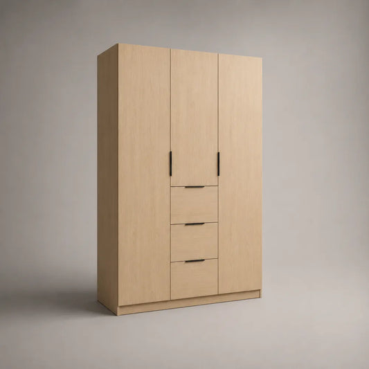 Armadio 180 x 60 x 220 cm in MDF effetto rovere chiaro con 3 ante battenti 3 cassetti centrali e maniglie nere struttura rettangolare