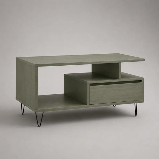 Tavolino da caffè 120 cm x 60 cm x 45 cm in pannelli MDF effetto verde grigio con cassetto e vano aperto gambe in metallo nero