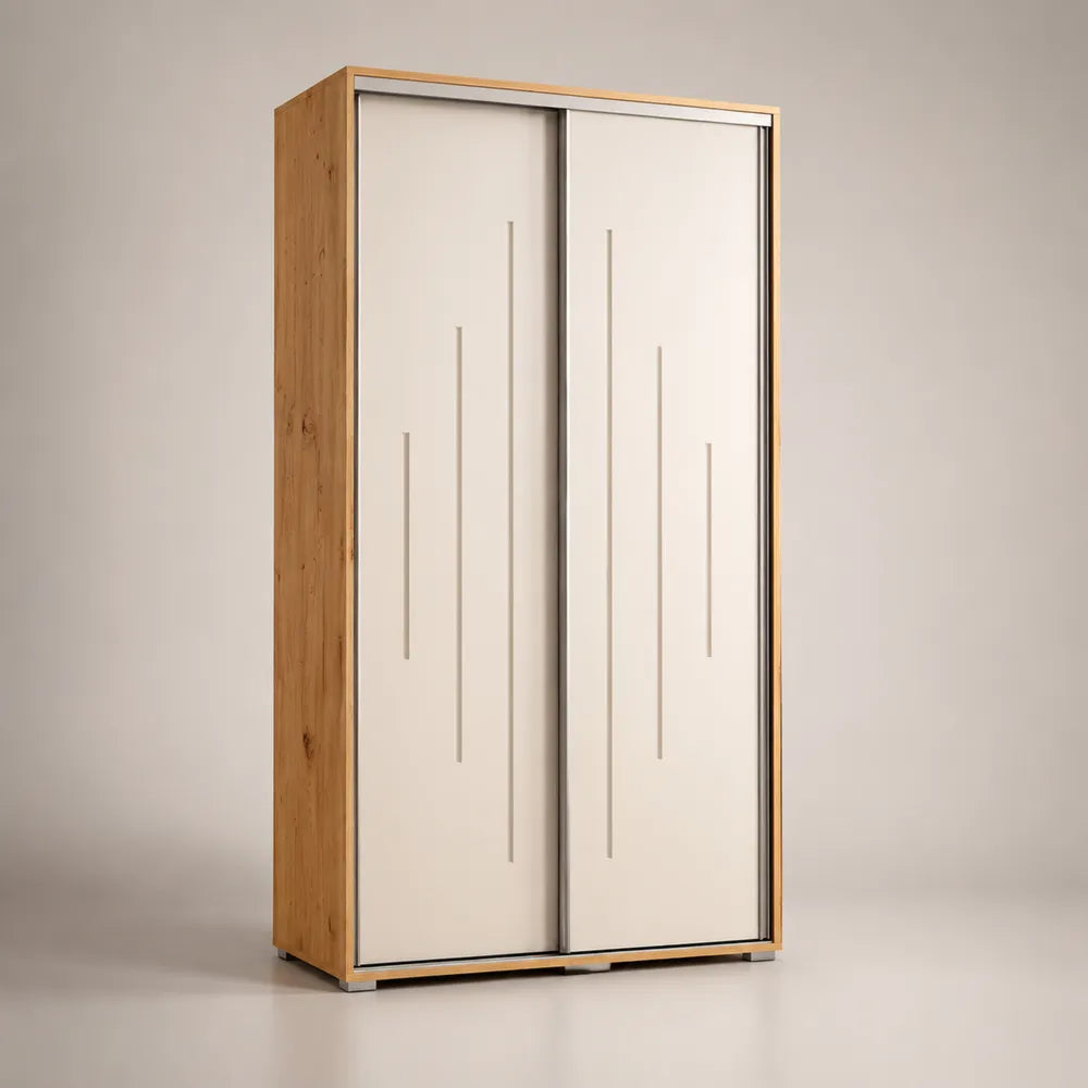 Armadio scorrevole 120 cm x 60 cm x 200 cm in MDF effetto rovere e bianco con 2 ante scorrevoli e scanalature verticali e maniglia a gola