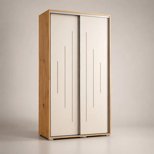 Armadio scorrevole 120 cm x 60 cm x 200 cm in MDF effetto rovere e bianco con 2 ante scorrevoli e scanalature verticali e maniglia a gola