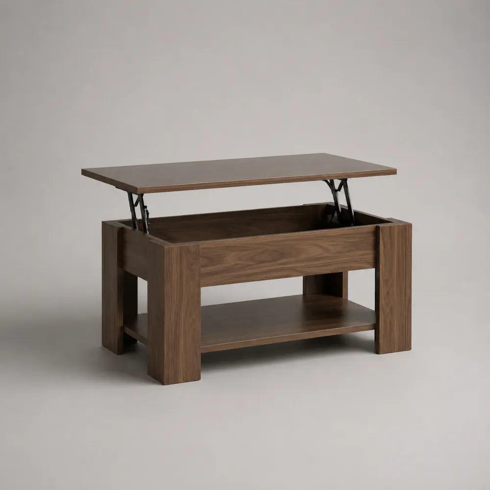 Tavolino da caffè rettangolare con piano sollevabile 100 cm 55 cm 45 cm pannello truciolare effetto noce scuro struttura in acciaio vano contenitore e ripiano inferiore