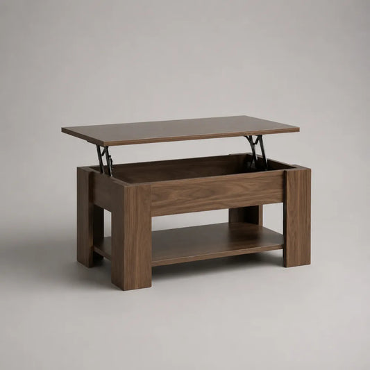 Tavolino da caffè rettangolare con piano sollevabile 100 cm 55 cm 45 cm pannello truciolare effetto noce scuro struttura in acciaio vano contenitore e ripiano inferiore