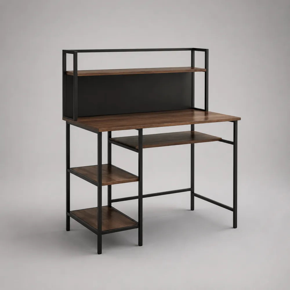 Scrivania per computer con libreria laterale e mensola superiore in legno ingegnerizzato effetto noce e struttura in acciaio nero 110 x 50 x 120 cm