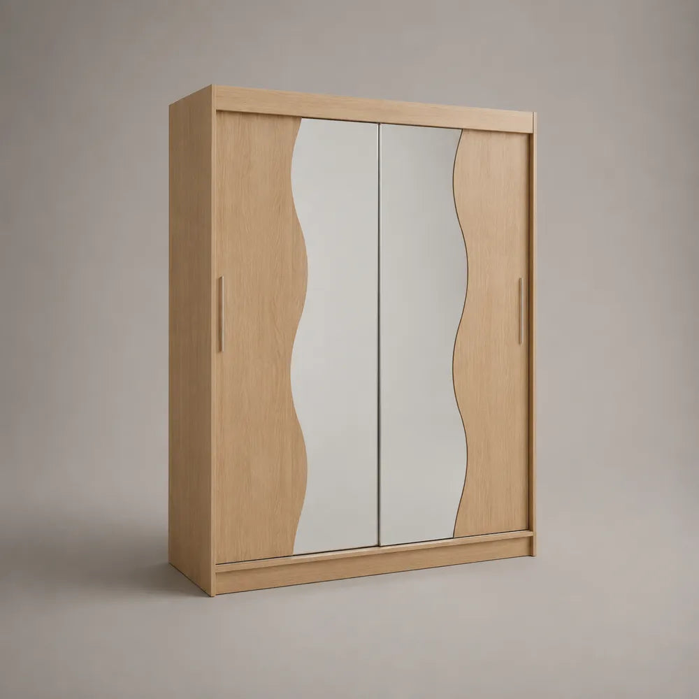 Armadio guardaroba 200 x 60 x 210 cm in MDF effetto rovere chiaro con 2 ante scorrevoli a specchio e pannelli laterali sagomati struttura rettangolare