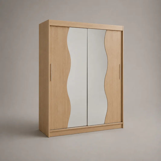 Armadio guardaroba 200 x 60 x 210 cm in MDF effetto rovere chiaro con 2 ante scorrevoli a specchio e pannelli laterali sagomati struttura rettangolare
